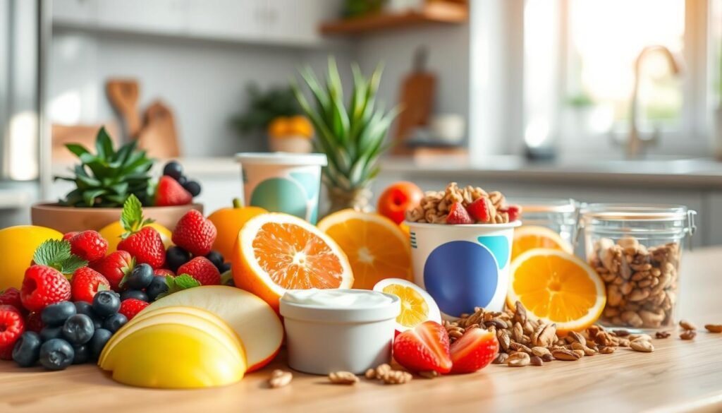 A vibrant still life capturing various healthy and satisfying snack options for active individuals. In the foreground, a selection of fresh fruits including juicy berries, sliced apples, and colorful citrus wedges. In the middle ground, an assortment of protein-rich snacks such as yogurt cups, hard-boiled eggs, and trail mix with nuts and seeds. The background features a clean, minimalist kitchen setting with natural light streaming in, creating a warm and inviting atmosphere. The overall composition is balanced, with a focus on the vibrant colors and textures of the nutritious snacks, conveying a sense of nourishment and energy for the active lifestyle. A vibrant still life capturing various healthy and satisfying snack options for active individuals. In the foreground, a selection of fresh fruits including juicy berries, sliced apples, and colorful citrus wedges. In the middle ground, an assortment of protein-rich snacks such as yogurt cups, hard-boiled eggs, and trail mix with nuts and seeds. The background features a clean, minimalist kitchen setting with natural light streaming in, creating a warm and inviting atmosphere. The overall composition is balanced, with a focus on the vibrant colors and textures of the nutritious snacks, conveying a sense of nourishment and energy for the active lifestyle.