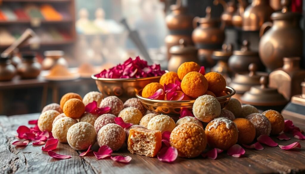 A vibrant still life featuring an assortment of authentic Indian sweets on a rustic wooden table. In the foreground, an array of colorful ladoos, barfis, and gulab jamuns artfully arranged, their delicate textures and intricate patterns illuminated by soft, natural lighting. In the middle ground, a copper serving bowl overflows with fragrant rose petals, adding a touch of elegance. The background recedes into a hazy, dreamlike scene of spice-laden shelves and copper pots, evoking the essence of an Indian spice market. The overall composition is balanced and inviting, capturing the essence of traditional Indian desserts in a visually captivating manner.