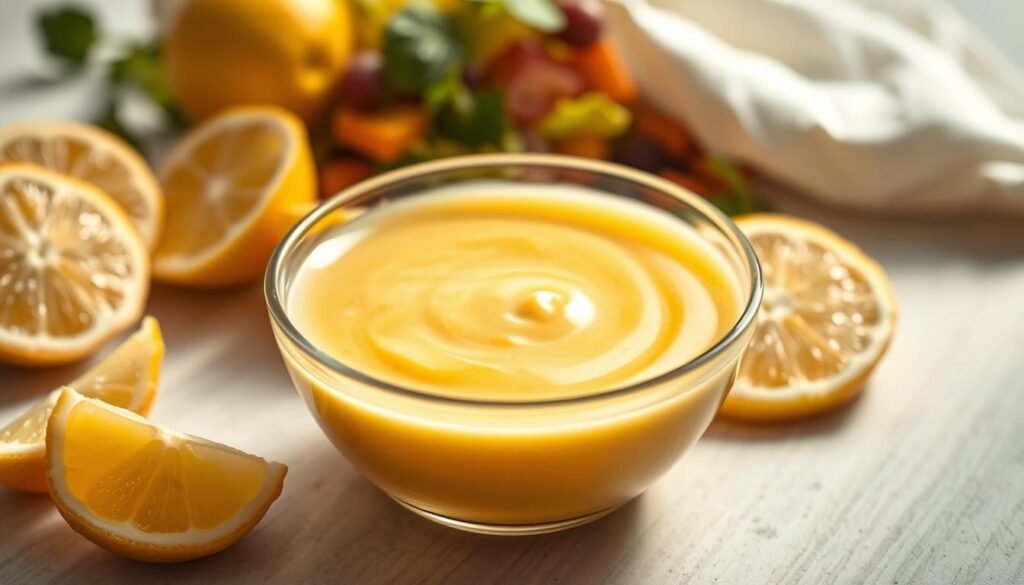 A vibrant still life of a lemon salad dressing, captured in natural light with a soft, airy atmosphere. In the foreground, a glass bowl filled with a creamy, golden dressing, infused with the zesty fragrance of freshly squeezed lemon juice. Surrounding the bowl, an arrangement of fresh lemon slices, their vibrant yellow hues creating a striking contrast against the white background. In the middle ground, a wooden table surface, with a subtle grain texture, provides a rustic, earthy backdrop. The lighting is soft and diffused, casting a warm, inviting glow over the scene, highlighting the dressing's silky, velvety texture. A sense of freshness and simplicity pervades the image, perfectly capturing the essence of a classic lemon salad dressing.