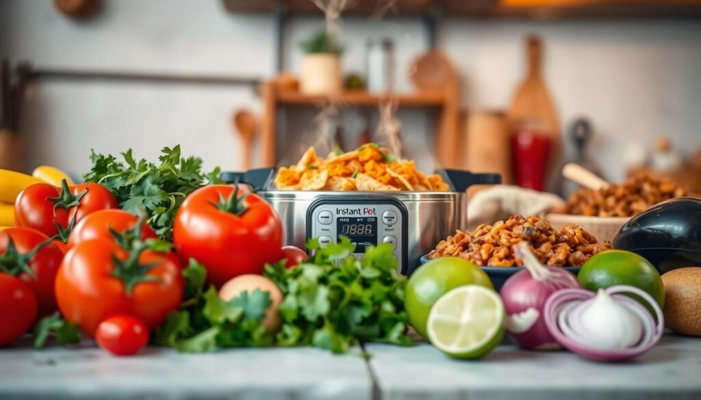 A vibrant still life of an Instant Pot filled with simmering Mexican dishes, surrounded by an array of fresh ingredients. The foreground features a variety of colorful produce - juicy tomatoes, crisp onions, fragrant cilantro, and zesty limes. In the middle ground, the Instant Pot takes center stage, emitting tendrils of aromatic steam. The background is softly blurred, hinting at a rustic kitchen setting with warm, ambient lighting. The overall composition conveys a sense of authenticity, inviting the viewer to imagine the flavors and textures of the homemade Mexican culinary delights. A vibrant still life of an Instant Pot filled with simmering Mexican dishes, surrounded by an array of fresh ingredients. The foreground features a variety of colorful produce - juicy tomatoes, crisp onions, fragrant cilantro, and zesty limes. In the middle ground, the Instant Pot takes center stage, emitting tendrils of aromatic steam. The background is softly blurred, hinting at a rustic kitchen setting with warm, ambient lighting. The overall composition conveys a sense of authenticity, inviting the viewer to imagine the flavors and textures of the homemade Mexican culinary delights.
