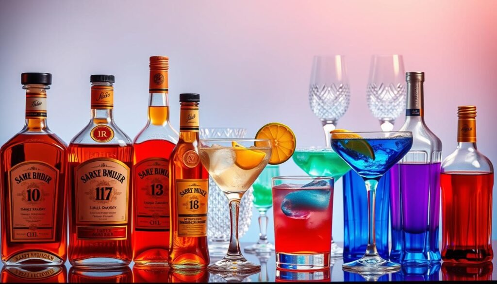A vibrant still life of artfully arranged alcoholic drinks, with a focus on color coordination and aesthetic appeal. The foreground showcases an array of premium liquor bottles, each in a different hue - amber, ruby, emerald, and sapphire, their labels and textures meticulously detailed. The middle ground features carefully crafted cocktails, their colors blending seamlessly to create a harmonious palette. In the background, a luxurious crystal glassware set reflects the lighting, casting a warm, inviting glow. The overall composition is balanced and visually striking, evoking a sense of elegance and sophistication suitable for an upscale party setting.