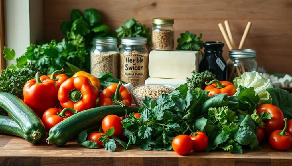 A vibrant still life of assorted healthy vegetarian dinner ingredients arranged on a wooden table. In the foreground, an array of fresh produce including colorful bell peppers, zucchini, tomatoes, and leafy greens. In the middle ground, jars of aromatic herbs and spices, a stack of whole grains like quinoa and brown rice, and a block of tofu. A soft, natural lighting illuminates the scene, casting gentle shadows and highlighting the textures and vibrant colors of the ingredients. The atmosphere is warm, inviting, and evocative of a nourishing, plant-based meal.