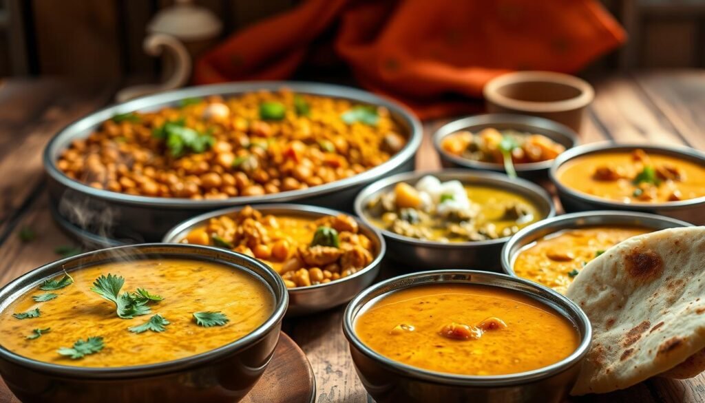 A vibrant still life of authentic Indian vegetarian lentil dishes, bathed in warm, natural lighting and photographed with a shallow depth of field. In the foreground, a steaming bowl of dal, garnished with cilantro and accompanied by freshly baked naan. In the middle ground, a platter showcasing an array of protein-rich dals and curries, such as chana masala, yellow moong dal, and palak paneer. The background features a rustic wooden table, adorned with a vibrant fabric, complementing the earthy tones of the dishes. The overall composition evokes the comforting and wholesome nature of traditional Indian vegetarian cuisine.