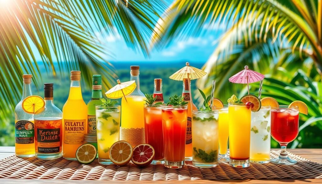 A vibrant still life of colorful Caribbean beverages, bathed in warm tropical sunlight. In the foreground, a collection of glass bottles and tumblers filled with exotic juices, rums, and cocktails, adorned with slices of citrus, sprigs of mint, and festive umbrellas. In the middle ground, a woven rattan mat or wooden table, setting the scene with natural, earthy textures. The background features a lush, verdant landscape, with palm fronds swaying gently and a hint of azure sky peeking through. The overall mood is one of relaxation, refreshment, and the carefree spirit of the Caribbean.