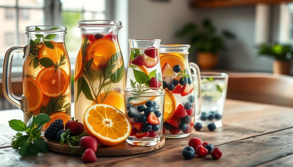 A vibrant still life of various infused water options, artfully arranged on a rustic wooden table. Sliced citrus fruits, fresh herbs, and colorful berries float in glass pitchers, casting a warm, inviting glow from natural lighting streaming in through a nearby window. The overall scene evokes a sense of health, vitality, and a refreshing escape from the everyday. Captured at a medium angle with a shallow depth of field, highlighting the intriguing textures and hues of the ingredients. A serene, calming mood pervades the image, inviting the viewer to pause and savor the simple pleasures of homemade infused water.
