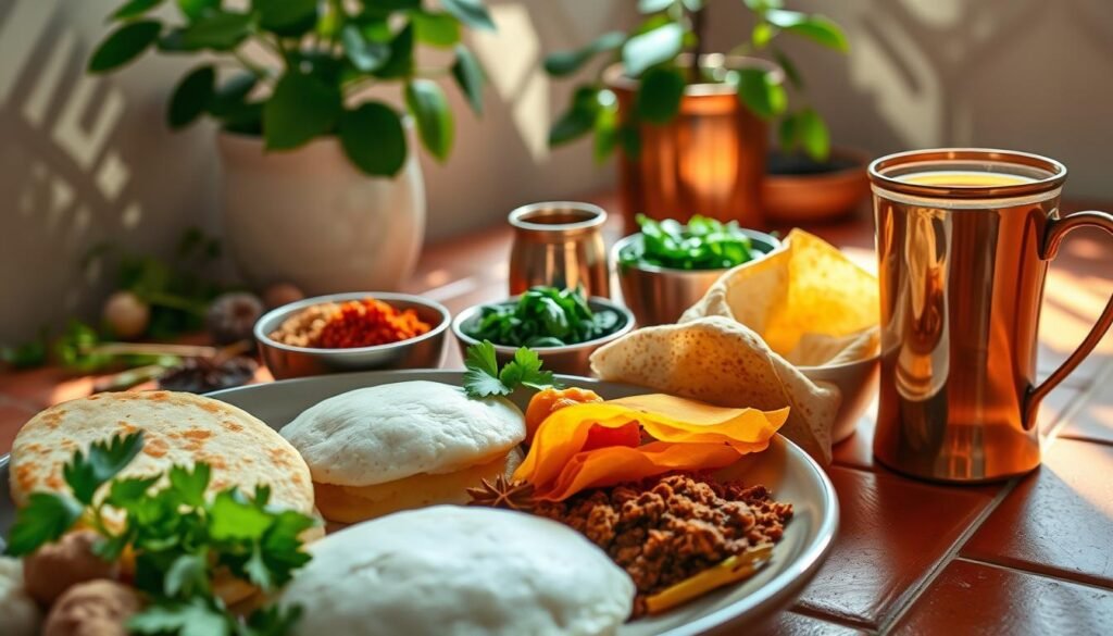 A vibrant still life scene of a healthy, gluten-free Indian vegetarian breakfast. In the foreground, a plate showcases an assortment of traditional dishes: steaming idli, crisp dosa, fragrant sambar, and creamy coconut chutney. The middle ground features an array of whole spices, freshly chopped herbs, and a copper tumbler filled with rejuvenating masala chai. The background evokes a cozy, sun-dappled kitchen setting, with terracotta tiles, natural wood accents, and a potted plant casting soft shadows. The overall composition conveys a sense of nourishment, balance, and the vibrant flavors of a mindful, plant-based Indian morning meal.