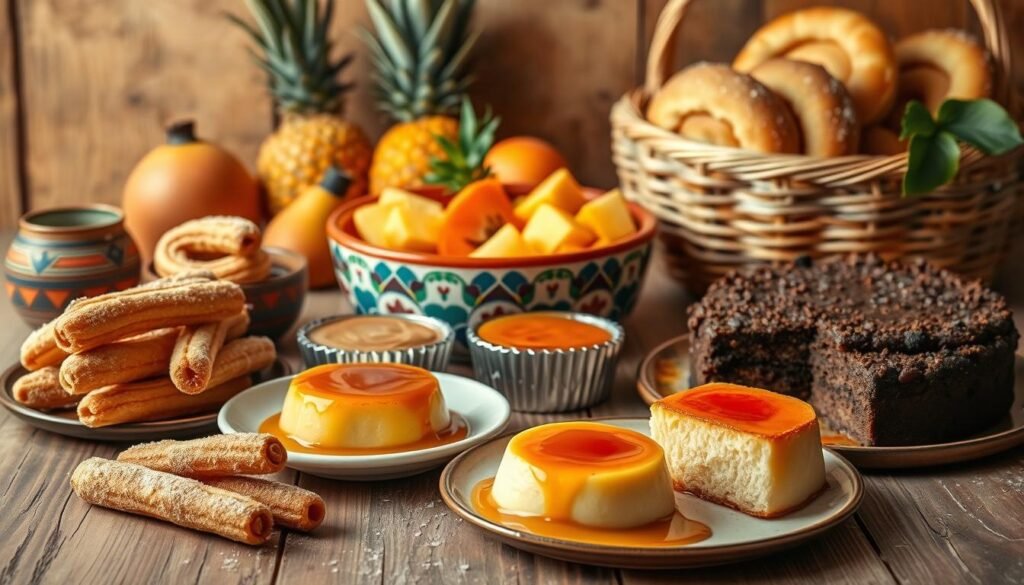 A vibrant still life scene showcasing a variety of quick and easy Mexican desserts. In the foreground, a rustic wooden table is adorned with an array of freshly prepared treats - flaky churros dusted with cinnamon sugar, creamy flan topped with caramel, and a decadent chocolate abuelita cake. The middle ground features a traditional Mexican ceramic dish filled with colorful tropical fruits like mango, pineapple, and papaya, while in the background, a woven basket spills over with freshly baked conchas and pan dulce. Warm, soft lighting illuminates the scene, capturing the inviting, homemade atmosphere of these authentic Mexican delicacies.