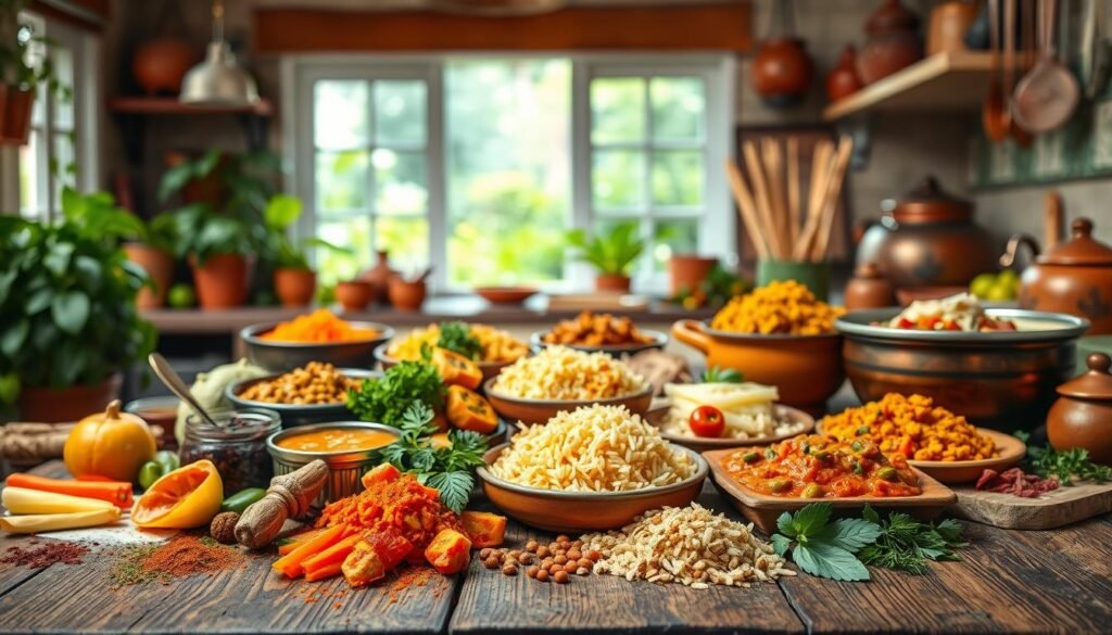 A vibrant still life scene showcasing an array of authentic Indian vegetarian lunch recipes. In the foreground, a collection of fragrant spices, freshly chopped vegetables, and aromatic herbs are beautifully arranged on a rustic wooden table. The middle ground features a selection of traditional Indian dishes, each bursting with vibrant colors and complex flavors - from hearty dals and curries to flavorful rice dishes and savory pastries. The background depicts a warm, inviting kitchen setting, with terracotta pots, copper utensils, and a glimpse of a window overlooking a lush, verdant garden. The overall composition is bathed in soft, natural lighting, creating a welcoming and authentic atmosphere that celebrates the richness of Indian vegetarian cuisine.