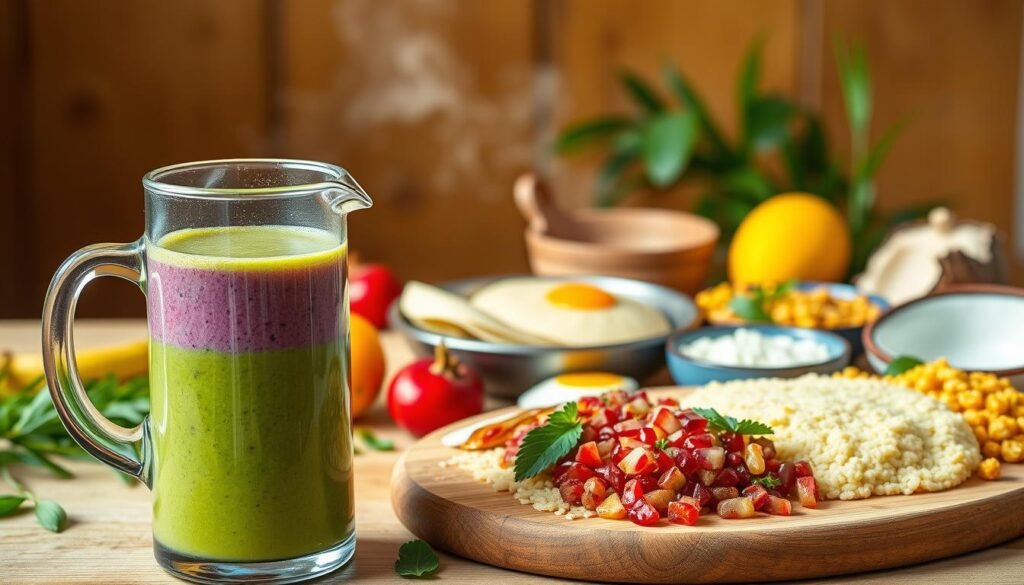 A vibrant still life scene showcasing an array of creative Indian vegan breakfast recipes. In the foreground, a glass pitcher overflows with a smoothie of bright green and purple hues, garnished with fresh fruit. Beside it, a wooden board displays an assortment of freshly prepared dishes - steaming idli, savory dosa, and fragrant khichdi. The middle ground features a variety of fresh produce, including pomegranate, mango, and coconut. The background is bathed in warm, natural lighting, evoking a cozy, homey atmosphere. The overall composition exudes a sense of nourishment, vitality, and the rich culinary traditions of India.