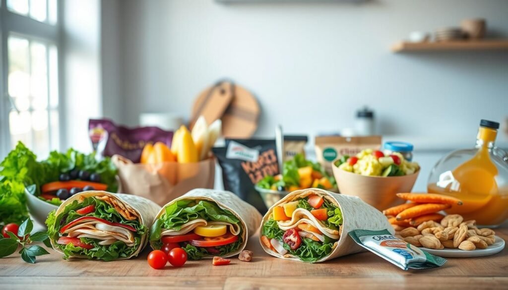 A vibrant still life showcasing a variety of fresh, healthy grab-and-go lunch options. In the foreground, an assortment of colorful sandwiches, wraps, and salads are elegantly arranged on a wooden table, with a soft, natural lighting illuminating the scene. The middle ground features a selection of portable snacks like fresh fruit, nuts, and energy bars, while the background showcases a minimalist kitchen counter or shelf, hinting at the ease and convenience of these quick and easy lunch ideas. The overall atmosphere exudes a sense of simplicity, health, and practicality, perfectly capturing the spirit of the "Quick and Easy Healthy Lunch Ideas" section.