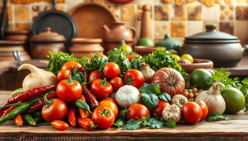 A vibrant still life showcasing an array of authentic Mexican ingredients against a warm, earthy backdrop. The foreground features an assortment of freshly harvested chiles, tomatoes, onions, cilantro, and limes, artfully arranged on a rustic wooden surface. The middle ground offers a glimpse of traditional cookware like clay pots, molcajetes, and comal griddles, hinting at the time-honored methods used to prepare these dishes. In the background, a hint of a tiled kitchen wall or adobe building evokes the cultural heritage of Mexican cuisine. Soft, natural lighting casts a golden glow, enhancing the rich colors and textures of the ingredients, conveying a sense of homespun authenticity. A vibrant still life showcasing an array of authentic Mexican ingredients against a warm, earthy backdrop. The foreground features an assortment of freshly harvested chiles, tomatoes, onions, cilantro, and limes, artfully arranged on a rustic wooden surface. The middle ground offers a glimpse of traditional cookware like clay pots, molcajetes, and comal griddles, hinting at the time-honored methods used to prepare these dishes. In the background, a hint of a tiled kitchen wall or adobe building evokes the cultural heritage of Mexican cuisine. Soft, natural lighting casts a golden glow, enhancing the rich colors and textures of the ingredients, conveying a sense of homespun authenticity.