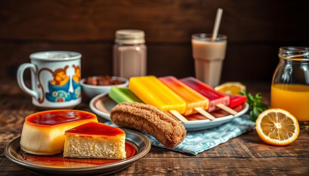 A vibrant still life showcasing an array of traditional Mexican desserts, artfully arranged on a rustic wooden table. In the foreground, a delicate flan glistens alongside a slice of rich, decadent churro. In the middle ground, a platter of colorful paletas (Mexican popsicles) stands out, their vibrant hues reflecting the vibrant culture. In the background, a selection of Mexican hot chocolate, spiced horchata, and fresh-squeezed orange juice completes the scene, creating a harmonious pairing of sweet treats and refreshing beverages. Soft, warm lighting casts a cozy glow, evoking the welcoming atmosphere of a Mexican fiesta. The composition is balanced and visually appealing, inviting the viewer to indulge in this delectable display of Mexican culinary delights.