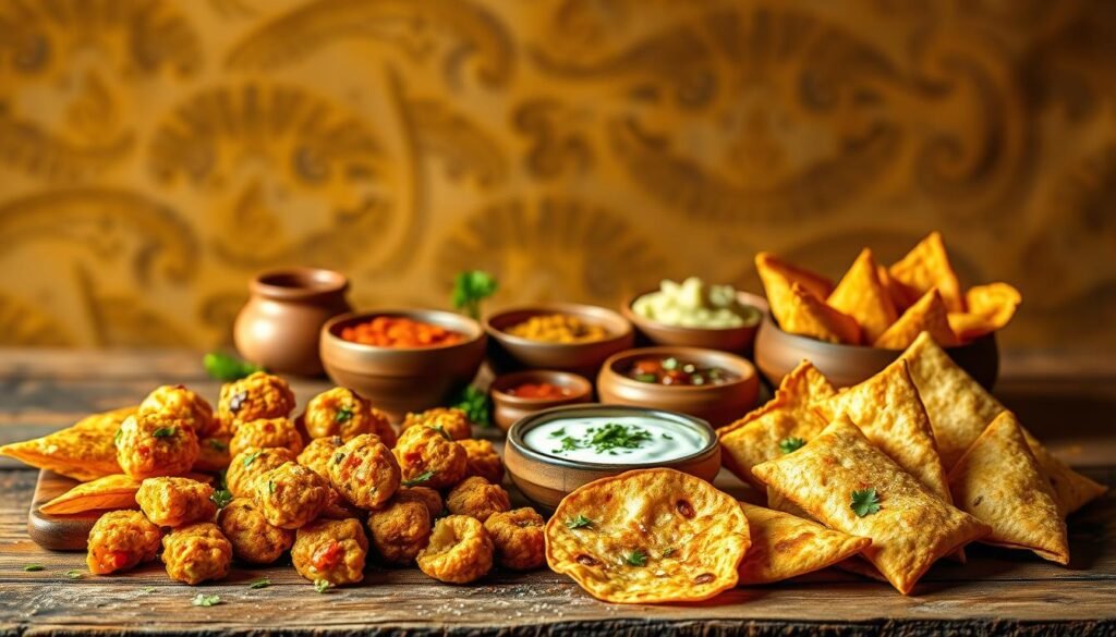 A vibrant still life showcasing an assortment of healthy Indian snack recipes against a warm, earthy backdrop. In the foreground, colorful vegetable pakoras, crisp papadums, and flavorful samosas are artfully arranged on a rustic wooden table, their textures and spices piquing the viewer's appetite. In the middle ground, a selection of vibrant chutneys, raitas, and dips in earthenware bowls add depth and complexity to the scene. The background features a subtle pattern of traditional Indian textiles, creating a sense of cultural heritage and authenticity. Soft, diffused lighting illuminates the scene, highlighting the natural colors and textures of the ingredients. The overall composition and styling convey a sense of balance, nourishment, and joy, inviting the viewer to indulge in these healthy and flavorful Indian snack delights.