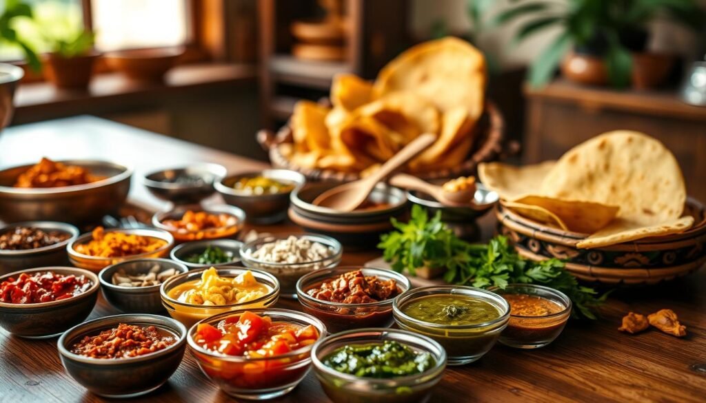 A vibrant still life showcasing an assortment of traditional Indian condiments and chutneys, artfully arranged on a wooden table. In the foreground, an array of small bowls brimming with spices, chutneys, and dipping sauces, their colors ranging from fiery red to earthy green and gold. The middle ground features various Indian flatbreads, papadums, and savory snacks, nestled alongside hand-carved wooden spoons and small silver dishes. The background is softly blurred, evoking a cozy, homey atmosphere, with a hint of natural light filtering through a window, casting a warm glow over the scene. The overall composition exudes a sense of rustic elegance and the rich, aromatic flavors of Indian cuisine.