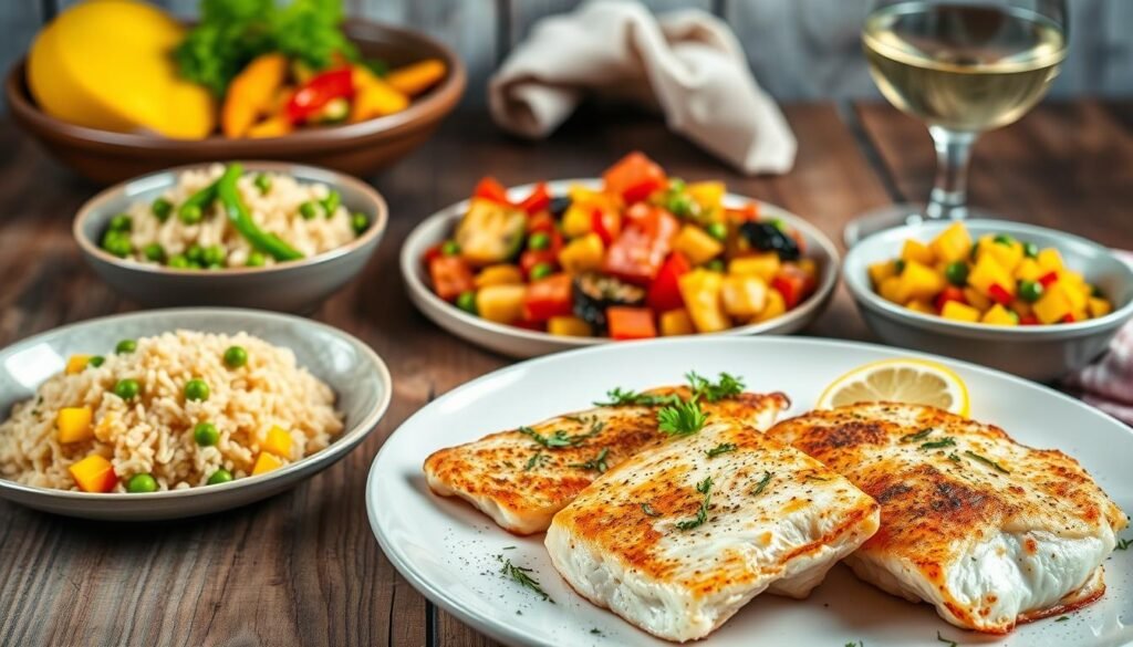 A vibrant still life showcasing quick and easy red snapper dishes. In the foreground, a plate of pan-seared red snapper fillets, their flesh flaky and golden, garnished with fresh herbs and a squeeze of lemon. In the middle ground, a variety of Caribbean-inspired accompaniments - fragrant rice and peas, a colorful vegetable medley, and a zesty mango salsa. The background features a rustic wooden table, with a linen napkin and a glass of crisp white wine, setting the scene for a simple yet flavorful red snapper meal. Soft, warm lighting illuminates the scene, creating an inviting and appetizing atmosphere.
