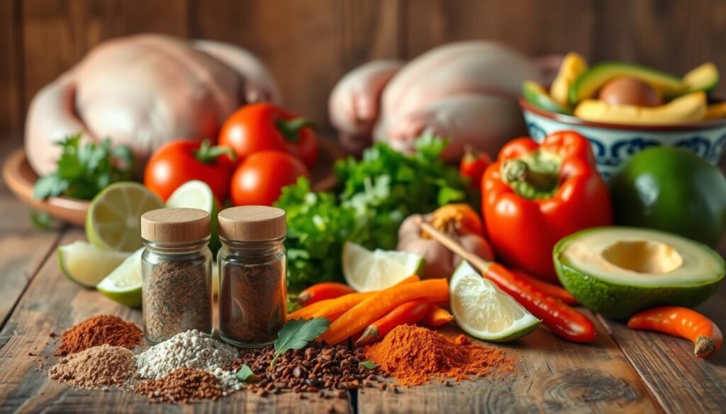 A vibrant still life showcasing the essential ingredients for authentic Mexican chicken dishes. In the foreground, an array of spices and seasonings – cumin, chili powder, oregano, and smoked paprika – arranged neatly on a rustic wooden surface. In the middle ground, a selection of fresh ingredients, including juicy tomatoes, tangy lime wedges, fragrant cilantro, and vibrant bell peppers. Towards the back, a whole chicken and a bowl of creamy avocado slices, evoking the rich and flavorful nature of the dishes. The lighting is warm and natural, casting soft shadows and highlighting the vibrant colors of the ingredients. The overall composition is balanced and visually appealing, inviting the viewer to imagine the delicious meals that can be crafted from these essential components.