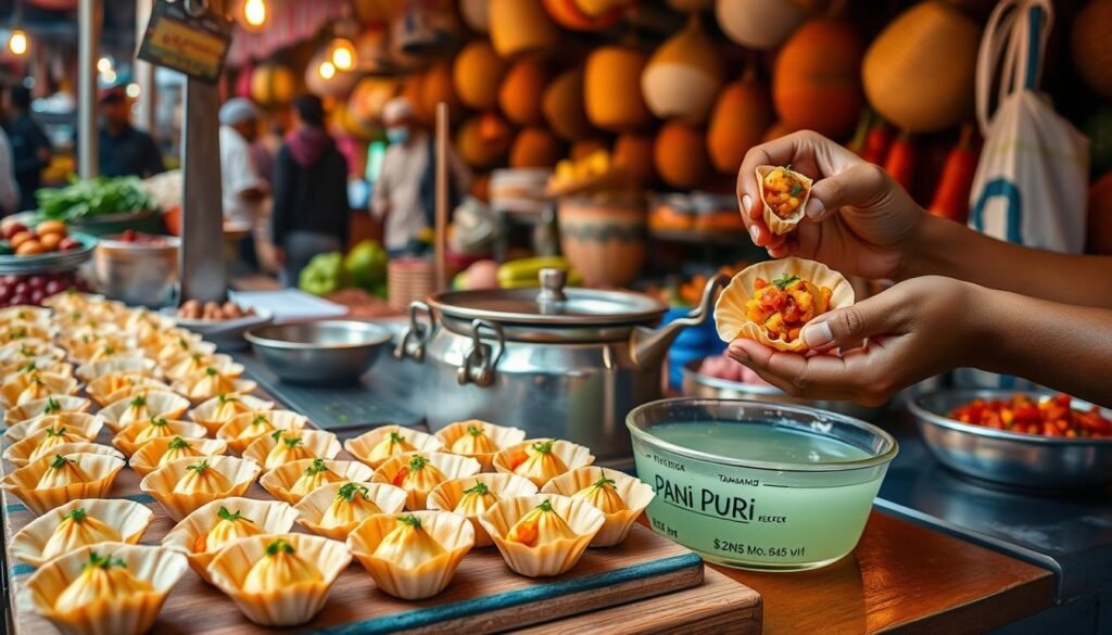 A vibrant street food stall in an Indian market, showcasing the delicate art of Pani Puri preparation. On a wooden counter, beautifully crafted puri shells are neatly arranged, ready to be filled with a tantalizing blend of flavors. In the foreground, skilled hands deftly stuff each puri with a zesty potato mixture, followed by a drizzle of tamarind and mint chutneys. The middle ground features a large vessel of refreshing, herbal-infused pani, with steam gently rising, inviting the customer to indulge. The background is a bustling scene of colorful local produce, woven baskets, and the lively hum of the market. Warm, golden lighting illuminates the entire setup, capturing the essence of this beloved Indian street food experience.