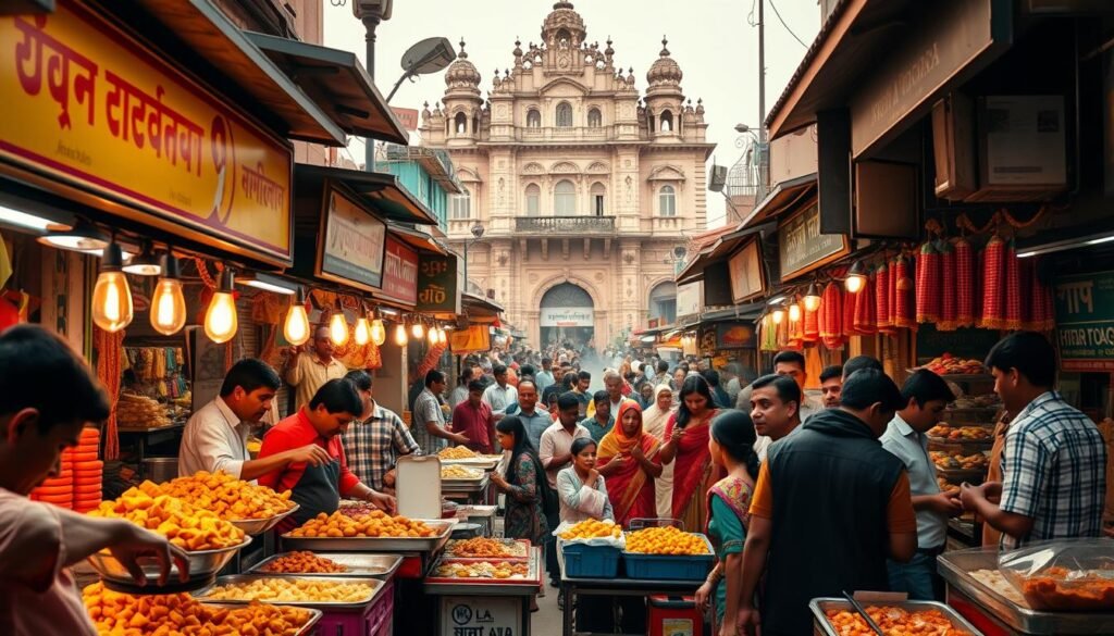 A vibrant street market in a bustling Indian city, with an array of traditional snacks and street food delicacies displayed in colorful stalls. In the foreground, vendors skillfully prepare and serve freshly cooked samosas, pakoras, and chaats, their hands moving with practiced precision. The middle ground is a kaleidoscope of colors and aromas, with tightly packed crowds of locals and curious tourists browsing the diverse selection of savory and sweet treats. In the background, a serene, historic building provides a captivating contrast, its ornate architecture framing the lively scene. Warm, diffused lighting casts a soft glow, accentuating the textures and vibrant hues of the food and setting. The overall atmosphere is one of energy, tradition, and the irresistible allure of classic Indian street food.