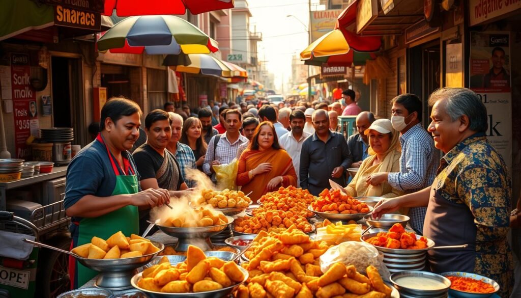 A vibrant street scene in India, showcasing a variety of quick and easy snacks. In the foreground, a bustling stall displays an array of savory delights - steaming samosas, crisp pakoras, and delectable chaat items. Vendors skilfully prepare and serve the snacks, their colorful uniforms and warm smiles adding to the lively atmosphere. In the middle ground, passersby eagerly queue to indulge in these flavorful treats, their expressions exuding delight. The background is filled with the hustle and bustle of an Indian street market, with colorful umbrellas, rickshaws, and a mix of traditional and contemporary architecture. The scene is bathed in warm, golden light, creating a tantalizing and inviting mood.