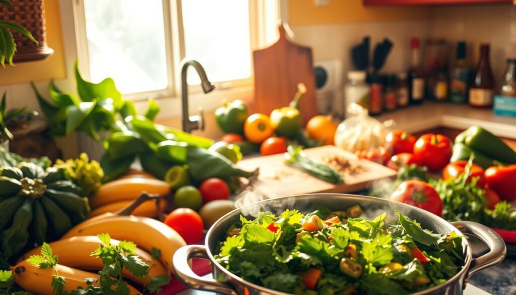 A vibrant, sun-drenched Caribbean kitchen scene. In the foreground, a steaming pot of lush, verdant callaloo - a nutrient-dense leafy green stew simmering with aromatic spices. Surrounding the pot, an array of fresh, colorful vegan ingredients: ripe plantains, vibrant bell peppers, robust tomatoes, and fragrant herbs. In the middle ground, a wooden cutting board with deftly chopped vegetables, ready to be added to the callaloo. The kitchen counter is adorned with a variety of Caribbean seasonings and condiments. Warm, golden lighting filters through the window, casting a comforting glow over the whole scene. The atmosphere is one of nourishment, flavor, and the rich culinary traditions of the islands.