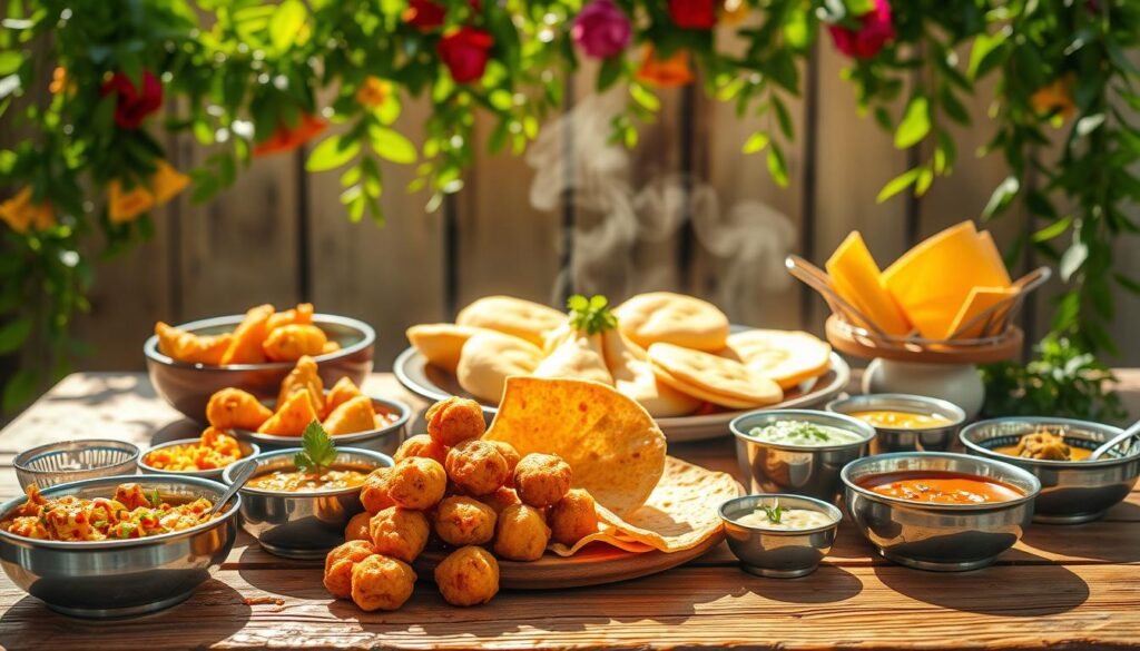 A vibrant, sun-drenched scene of an assortment of healthy, homemade Indian snacks artfully arranged on a rustic wooden table. In the foreground, glistening vegetable pakoras and crisp papadums sit alongside colorful bowls of fresh chutneys and dips. The middle ground features a platter of flaky, golden samosas and fragrant, steaming idli cakes. In the background, a lush, verdant garland frames the scene, lending a sense of vibrancy and vitality. The lighting is soft and natural, casting a warm, inviting glow over the tempting spread. The overall atmosphere is one of nourishment, authenticity, and a celebration of the vibrant flavors of Indian cuisine.