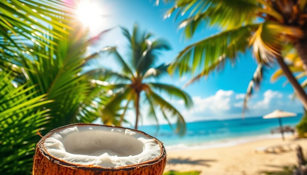 A vibrant, sun-drenched scene showcasing the refreshing benefits of fresh coconut water. In the foreground, a halved coconut with its clear, hydrating liquid glistens against a backdrop of lush, tropical foliage. The mid-ground features a group of coconut palm trees swaying gently in a warm breeze, their fronds casting dappled shadows. In the distance, a serene beach with golden sand and azure waters completes the idyllic, rejuvenating atmosphere. The lighting is natural and warm, emphasizing the inviting nature of this thirst-quenching beverage. Captured with a wide-angle lens to immerse the viewer in this refreshing, island-inspired setting.