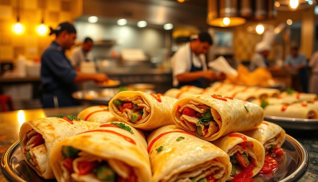 A vibrant, tempting display of freshly prepared Kathi Rolls, the beloved Indian street food delicacy. In the foreground, a platter showcases an array of these savory rolls, each meticulously crafted with a soft, flaky paratha wrap, succulent fillings, and a drizzle of tangy chutney. The middle ground features a dynamic, bustling kitchen scene, with chefs skillfully assembling the rolls and plating them with care. In the background, a warm, welcoming ambiance is created by soft, golden lighting, capturing the inviting atmosphere of an authentic Indian eatery. The overall composition evokes a mouthwatering, sensory experience, perfectly suited to illustrate the "Finger Foods for Any Gathering" section of the article.