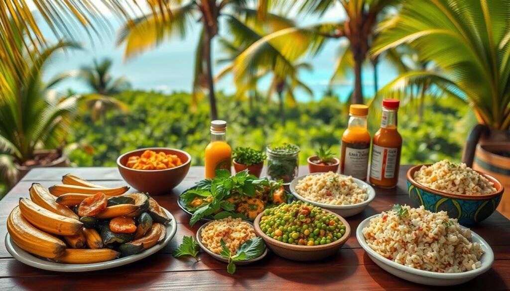 A vibrant tropical scene of classic Caribbean side dishes laid out on a rustic wooden table. In the foreground, an assortment of vibrant vegetables and starches - roasted plantains, steamed callaloo, seasoned rice and peas, and a creamy potato salad. In the middle ground, a collection of traditional condiments and sauces, including spicy mango chutney, tangy tamarind sauce, and fragrant fresh herbs. The background features a lush, verdant landscape with swaying palm trees and a glimpse of a sparkling azure sea. Warm, diffused lighting casts a golden glow over the entire scene, evoking the relaxed, sun-drenched ambiance of the Caribbean.