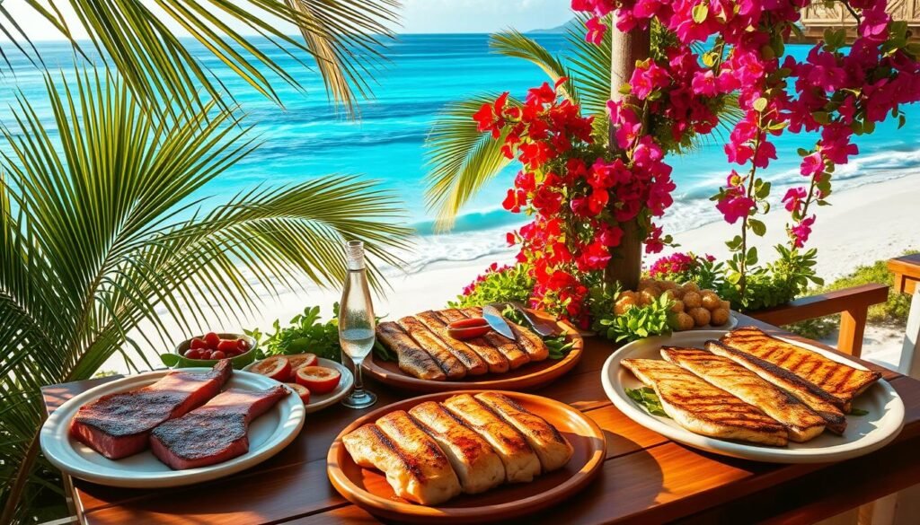 A vibrant, tropical scene showcasing a variety of gluten-free Caribbean fish dishes. In the foreground, a wooden table is adorned with platters of seared tuna steaks, grilled snapper fillets, and pan-seared mahi-mahi, all seasoned with bold island spices. Mid-frame, lush palm fronds and colorful bougainvillea vines frame the scene, casting a warm, golden glow. The background features a stunning ocean vista, with turquoise waters lapping at a pristine white-sand beach. The mood is one of relaxation and healthy, flavorful indulgence, inviting the viewer to experience the culinary delights of the Caribbean.