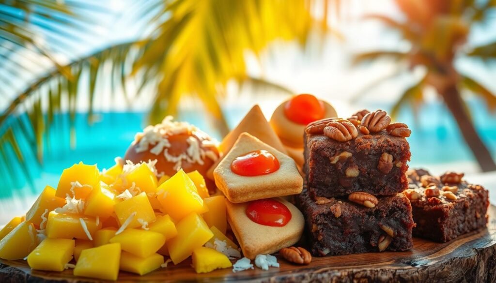 A vibrant tropical tableau of sweet vegan Caribbean desserts, bathed in warm golden light. In the foreground, a tempting array of lush mango slices, pineapple chunks, and glistening coconut shreds, arranged artfully on a rustic wooden platter. In the middle ground, a colorful medley of freshly baked coconut-lime cookies, triangular pastry pockets filled with guava jam, and dense, fudgy brownies topped with toasted pecans. The background features a blurred landscape of swaying palm fronds and a brilliant azure sky, creating a serene, sun-drenched atmosphere. The overall scene evokes the flavors and textures of a delectable vegan Caribbean dessert spread, perfect for the "Sweet and Spicy Vegan Mango Salsa" section.