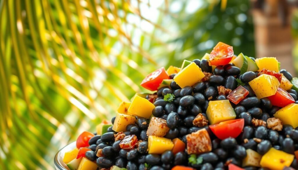A vibrant tropical vegan black bean salad, brimming with fresh ingredients. In the foreground, a mound of glossy black beans, accented with diced mango, avocado, and red bell pepper. Scattered throughout, juicy cherry tomatoes and crunchy cucumber slices. A medley of spices - cumin, chili powder, and smoky paprika - lends depth of flavor. The middle ground features a lush, verdant backdrop of palm fronds swaying gently in warm Caribbean breezes. Soft, natural lighting filters through, casting a golden glow over the scene. The overall mood is one of refreshing, healthful abundance, inviting the viewer to dive into this nourishing and delectable dish.
