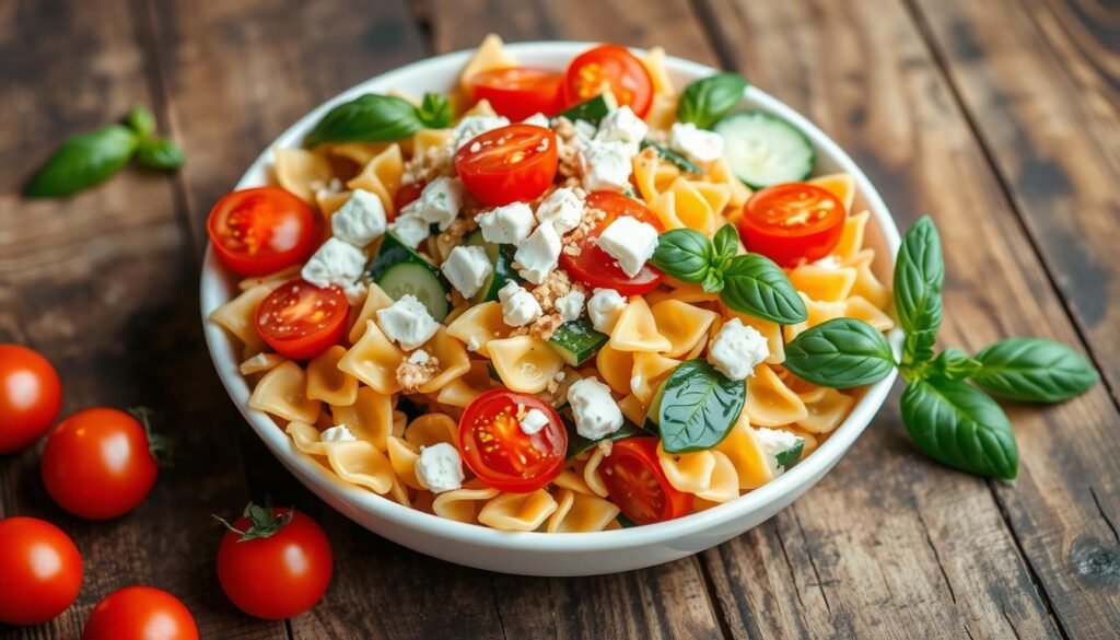A vibrant vegetarian-friendly pasta salad composed of colorful farfalle pasta, fresh cherry tomatoes, crisp cucumber slices, tangy feta crumbles, and fragrant basil leaves. The salad is dressed in a tangy balsamic vinaigrette, creating a harmonious blend of flavors and textures. The image is captured in a soft, natural lighting, showcasing the pasta salad's appetizing presentation on a rustic wooden table. The overall mood is fresh, healthy, and inviting, perfectly reflecting the theme of "Vegetarian-Friendly Pasta Salad Ideas".