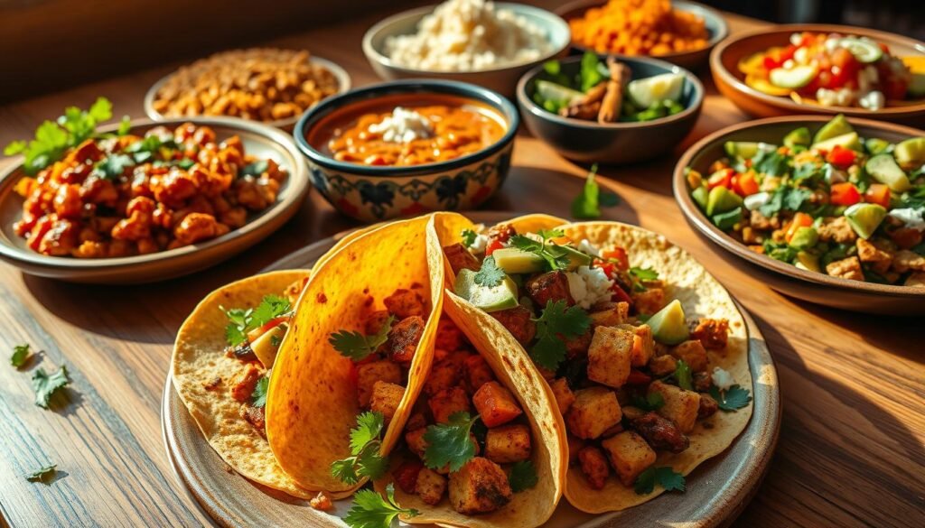 A vibrant, well-lit scene of a variety of vegan Mexican dishes arranged on a wooden table. In the foreground, a platter of flavorful tacos filled with seasoned tofu, roasted vegetables, and fresh cilantro. In the middle ground, a steaming bowl of hearty vegetarian chili with chunks of avocado and crumbled queso fresco. In the background, a colorful array of sides such as Mexican rice, sautéed plantains, and a zesty salad with pico de gallo. The lighting is warm and natural, capturing the rich colors and textures of the plant-based ingredients. The overall atmosphere is one of a fresh, homemade Mexican feast, inviting the viewer to dive into these delectable, meat-free creations. A vibrant, well-lit scene of a variety of vegan Mexican dishes arranged on a wooden table. In the foreground, a platter of flavorful tacos filled with seasoned tofu, roasted vegetables, and fresh cilantro. In the middle ground, a steaming bowl of hearty vegetarian chili with chunks of avocado and crumbled queso fresco. In the background, a colorful array of sides such as Mexican rice, sautéed plantains, and a zesty salad with pico de gallo. The lighting is warm and natural, capturing the rich colors and textures of the plant-based ingredients. The overall atmosphere is one of a fresh, homemade Mexican feast, inviting the viewer to dive into these delectable, meat-free creations.