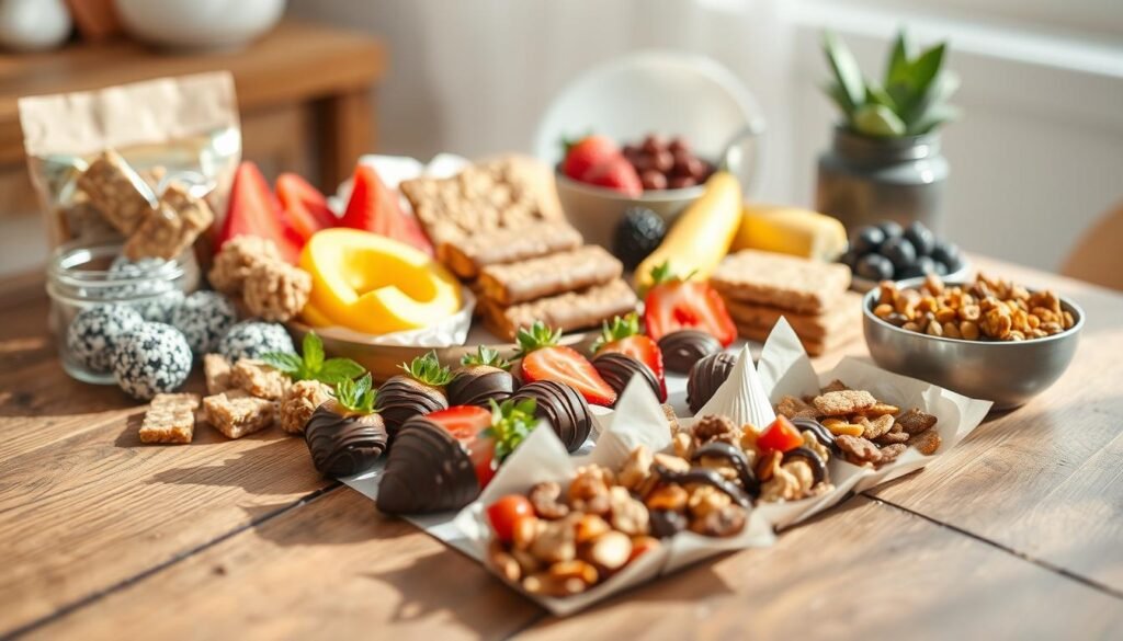 A visually appealing arrangement of various no-bake snack items on a rustic wooden table, with a soft, natural lighting that casts gentle shadows. The foreground features an assortment of energy bites, granola bars, and fresh fruit, meticulously arranged to create an appetizing and inviting display. The middle ground showcases simple yet delectable no-bake treats, such as chocolate-dipped strawberries and homemade trail mix. The background is blurred, allowing the focus to remain on the delicious, hassle-free snacks. The overall atmosphere conveys a sense of effortless, healthy indulgence, perfect for busy days when time is limited. A visually appealing arrangement of various no-bake snack items on a rustic wooden table, with a soft, natural lighting that casts gentle shadows. The foreground features an assortment of energy bites, granola bars, and fresh fruit, meticulously arranged to create an appetizing and inviting display. The middle ground showcases simple yet delectable no-bake treats, such as chocolate-dipped strawberries and homemade trail mix. The background is blurred, allowing the focus to remain on the delicious, hassle-free snacks. The overall atmosphere conveys a sense of effortless, healthy indulgence, perfect for busy days when time is limited.