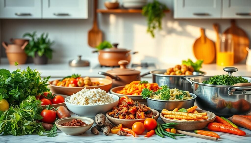 A visually appealing assortment of international dishes, captured in a crisp, appetizing still life. In the foreground, an array of vibrant ingredients - fresh herbs, aromatic spices, and colorful vegetables. In the middle ground, a variety of cookware - clay pots, wooden utensils, and stainless steel pans, hinting at the diverse culinary techniques. The background features a clean, minimalist kitchen counter, bathed in warm, natural lighting, creating a cozy, inviting atmosphere. The overall composition exudes a sense of effortless global sophistication, capturing the essence of "Global Flavors in Minutes".