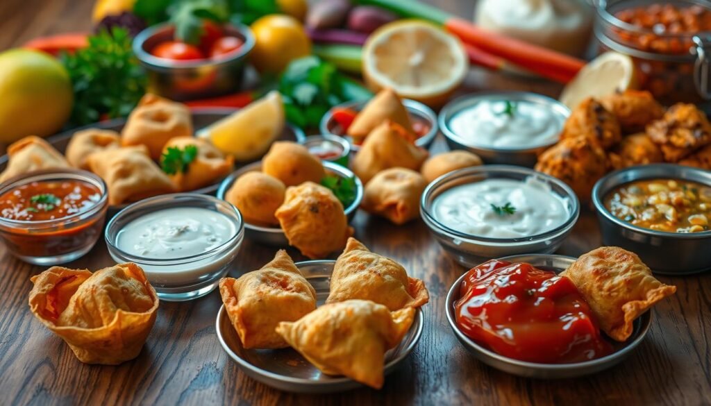 A visually appetizing assortment of vegetarian Indian snacks, masterfully arranged on a wooden table. In the foreground, bite-sized samosas and pakoras, their golden-brown exteriors complemented by vibrant chutneys and creamy dips. In the middle ground, delicate dahi vada and sev pur, each morsel a delightful balance of tangy, sweet, and savory flavors. The background features a vibrant array of colorful ingredients - fresh herbs, spices, and lemon wedges, hinting at the complex flavors that define these authentic, finger-friendly treats. The lighting is warm and inviting, casting a soft glow over the scene, and the camera angle is slightly elevated, providing an enticing, bird's-eye view of this tempting vegetarian spread.