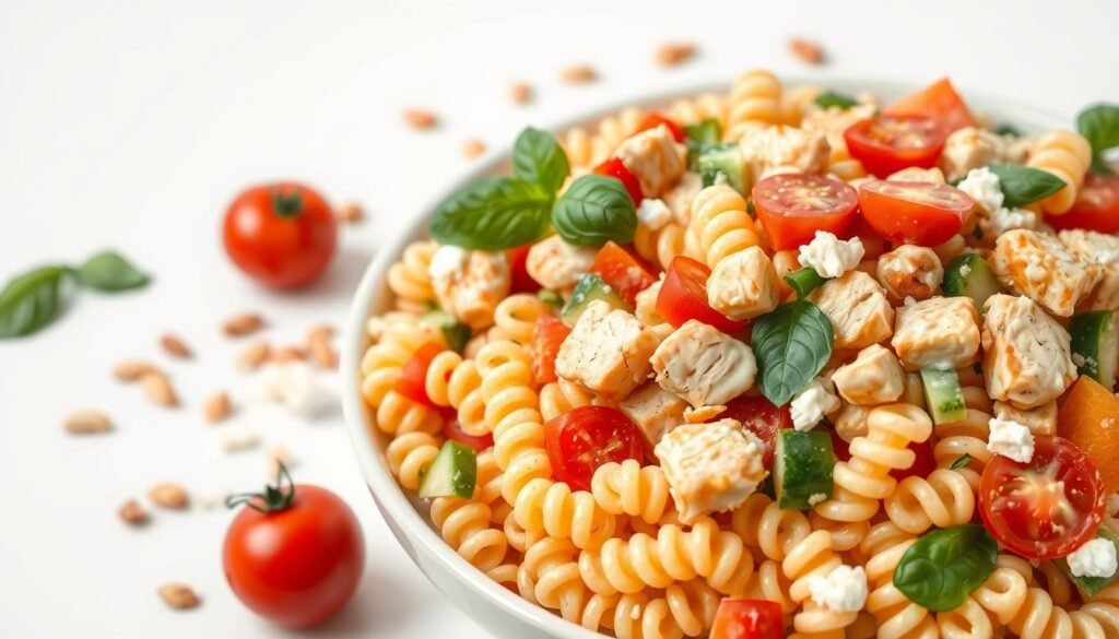 A visually appetizing pasta salad scene set against a white backdrop. In the foreground, a large bowl overflows with a vibrant mix of spiral pasta, chunks of grilled chicken, fresh cherry tomatoes, sliced cucumbers, and diced bell peppers. A light, creamy dressing coats the ingredients, giving them a glossy sheen. Arrayed around the bowl are various garnishes like sprigs of basil, crumbled feta cheese, and toasted pine nuts, adding pops of color and texture. The lighting is soft and even, creating defined shadows that accentuate the three-dimensional shapes. The overall mood is clean, fresh, and enticing, beckoning the viewer to dive into this protein-packed pasta creation.