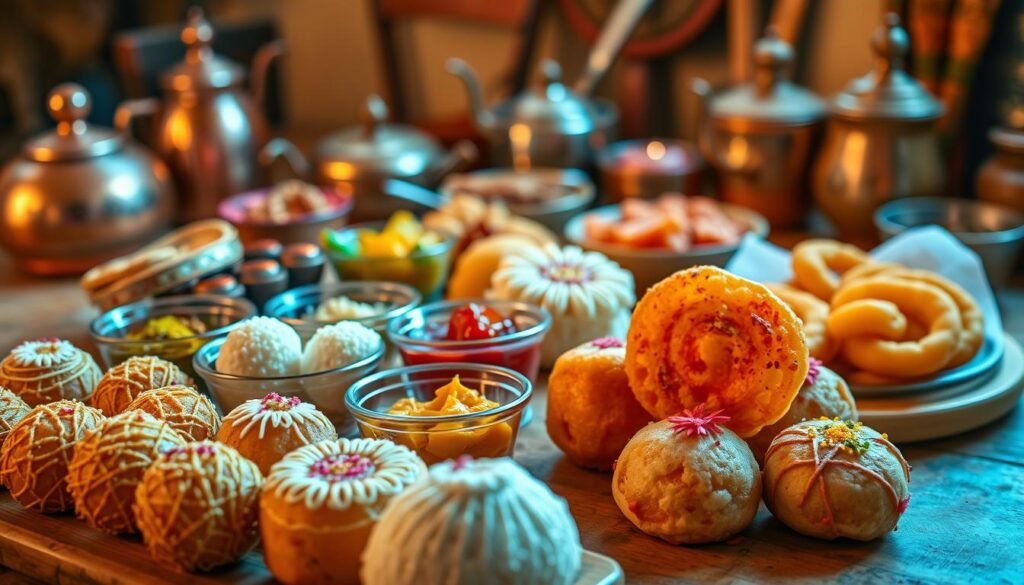 A visually striking and mouthwatering array of traditional Indian vegetarian breakfast sweets, captured in soft, warm lighting. In the foreground, an assortment of colorful, intricate mithai - including boondi ladoo, gulab jamun, and jalebi - neatly arranged on a rustic wooden surface. The middle ground features a selection of savory accompaniments like chutneys and pickles, complementing the sweetness. In the background, a glimpse of a cozy, earthy kitchen setting with copper utensils and spices, evoking the authentic flavors of the Indian subcontinent. The image exudes a sense of comfort, indulgence, and cultural heritage.
