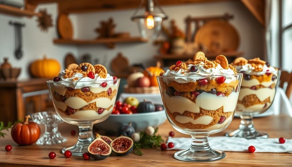 A visually stunning Thanksgiving trifle dessert scene unfolds in a warm, cozy kitchen. In the foreground, elegant glass trifle dishes showcase vibrant layers of rich custard, fluffy whipped cream, and crumbled ginger cookies. The middle ground features an assortment of seasonal fruits like pomegranate arils, sugared cranberries, and fresh figs, adding pops of color and natural sweetness. In the background, a wooden table is adorned with a crisp white tablecloth, complemented by the rustic charm of weathered wooden beams and a softly glowing pendant light. The overall mood is one of inviting elegance, perfectly capturing the essence of a creative Thanksgiving trifle dessert.