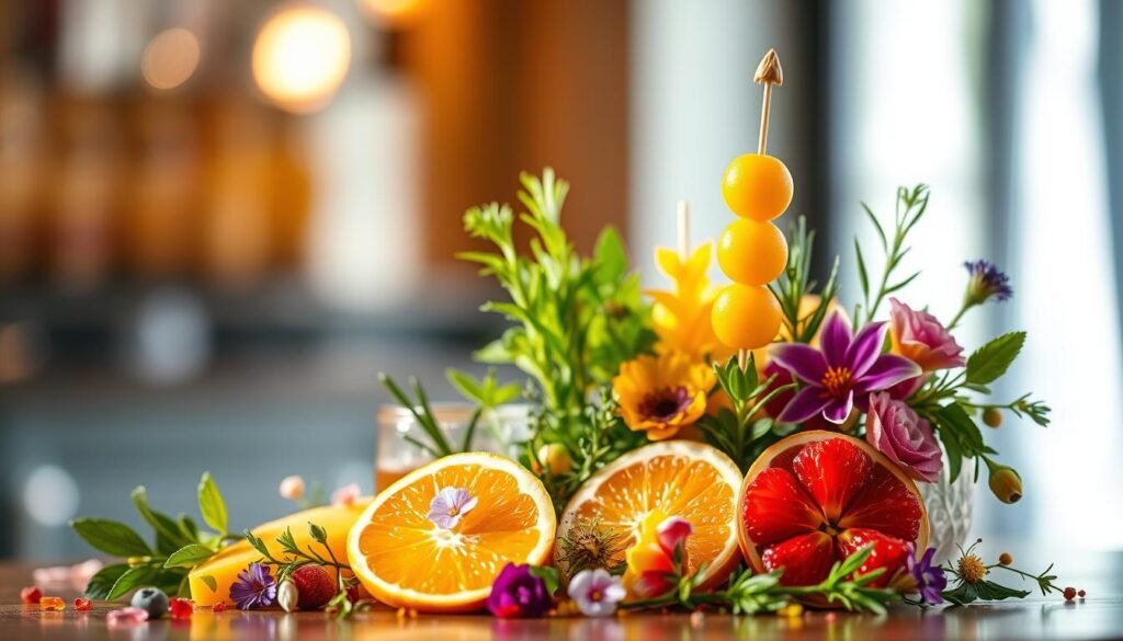 A visually stunning arrangement of vibrant, fresh garnishes meticulously arranged against a softly blurred, elegantly lit background. An array of carefully selected items such as sliced citrus fruits, sprigs of aromatic herbs, edible flowers, and delicate fruit skewers, all thoughtfully positioned to create a captivating and inviting display. The lighting is warm and natural, casting gentle shadows and highlights that accentuate the textures and colors of the garnishes. The overall composition is balanced, with a sense of artful intentionality, evoking a sense of refinement and attention to detail that would elevate any drink presentation.