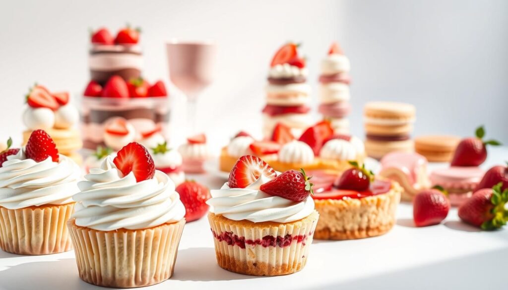 A visually stunning array of Instagram-worthy strawberry desserts, captured in natural light against a clean white backdrop. In the foreground, delicate strawberry shortcake cupcakes with swirls of fresh whipped cream, dotted with ruby-red berries. Behind them, a luscious strawberry cheesecake tart with a crisp graham cracker crust and a glossy fruit glaze. In the middle ground, a tower of layered strawberry mousse parfaits, with vibrant fruit puree and airy whipped cream. The background features a variety of unique strawberry treats, such as colorful macarons, velvety panna cotta, and decadent strawberry-filled crepes. An overall serene, elegant, and summertime-inspired scene that celebrates the natural sweetness of fresh strawberries.