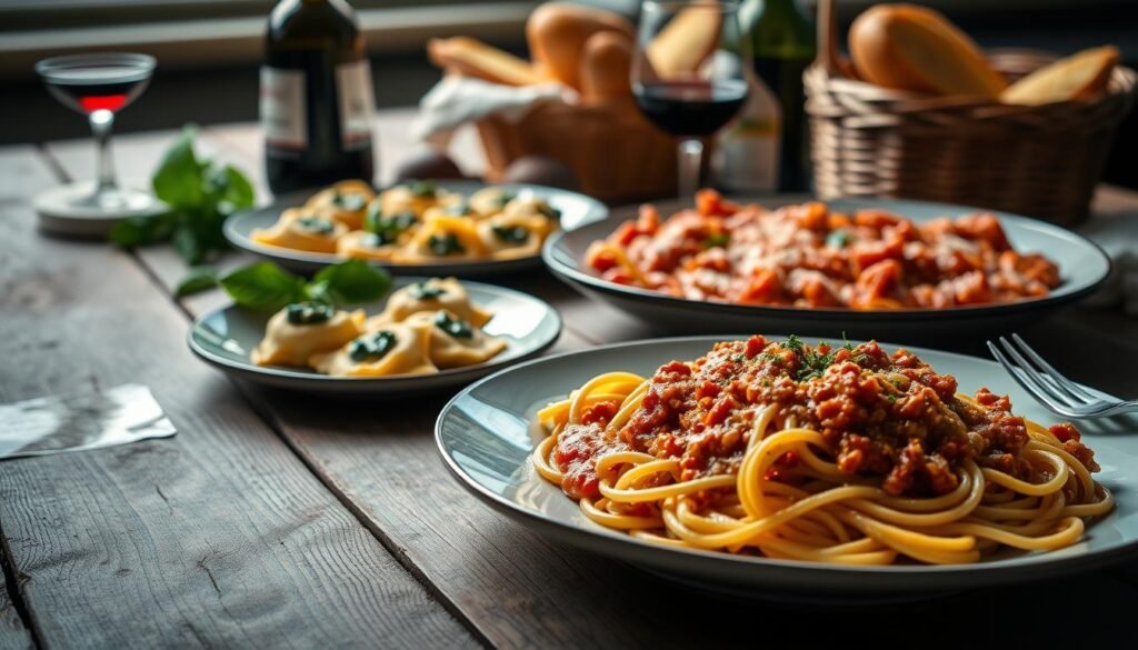 A visually stunning spread of authentic Italian pasta creations, capturing the essence of global cuisine. In the foreground, a mouthwatering plate of freshly prepared spaghetti bolognese, its rich, tomato-based sauce glistening under the warm, natural lighting. In the middle ground, a platter of vibrant, hand-rolled ravioli stuffed with creamy ricotta and spinach, complemented by a drizzle of fragrant pesto. In the background, a rustic wooden table sets the scene, with a carafe of robust red wine and a basket of freshly baked garlic bread, inviting the viewer to indulge in this evocative, immersive culinary experience.