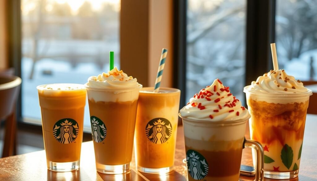 A warm, cozy café setting with an assortment of seasonal Starbucks drinks in the foreground. The drinks include a pumpkin spice latte, a toasted white chocolate mocha, and a festive holiday-themed beverage, each with its distinctive foam art and holiday-inspired toppings. Soft, golden lighting casts a gentle glow across the scene, creating a welcoming and inviting atmosphere. In the background, a glimpse of a snowy winter landscape can be seen through the café's frosted windows, further emphasizing the seasonal theme. The overall composition evokes a sense of comfort, anticipation, and the joyful celebration of the changing seasons.