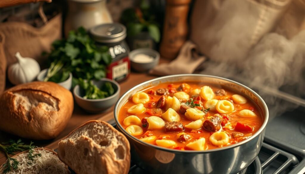 A warm, cozy kitchen scene with a large pot of simmering Italian tortellini soup on the stove. Fresh herbs, garlic, and spices adorn the background, with a loaf of crusty bread and a sprinkle of grated Parmesan cheese in the foreground. The soup is brimming with plump tortellini pasta, savory Italian sausage, and vibrant vegetables, creating a rich, comforting aroma that fills the air. Soft, diffused lighting casts a golden glow, enhancing the homemade, hearty atmosphere. The composition is balanced, inviting the viewer to imagine scooping up a steaming bowlful of this delectable Italian tortellini soup.