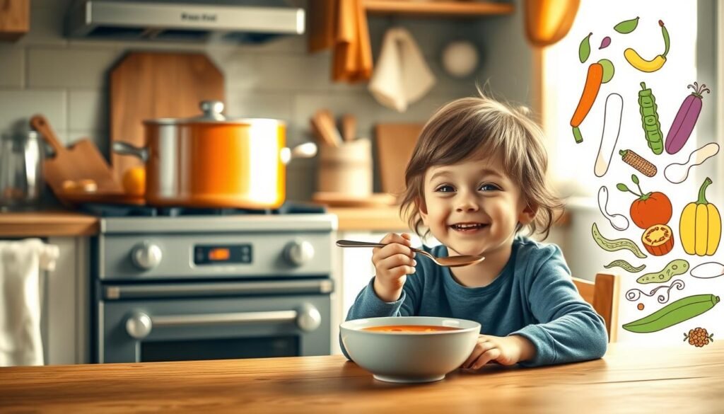 A warm, cozy kitchen scene with a large pot of simmering bean soup on the stove. The soup is filled with colorful vegetables like carrots, celery, and tomatoes, making it visually appealing to children. In the foreground, a small child sits at a wooden table, eagerly anticipating their bowl of soup, a spoon in hand and a big smile on their face. The lighting is soft and inviting, creating a comforting atmosphere. In the background, a playful, hand-drawn illustration of various beans and legumes adds a playful, kid-friendly touch to the scene.