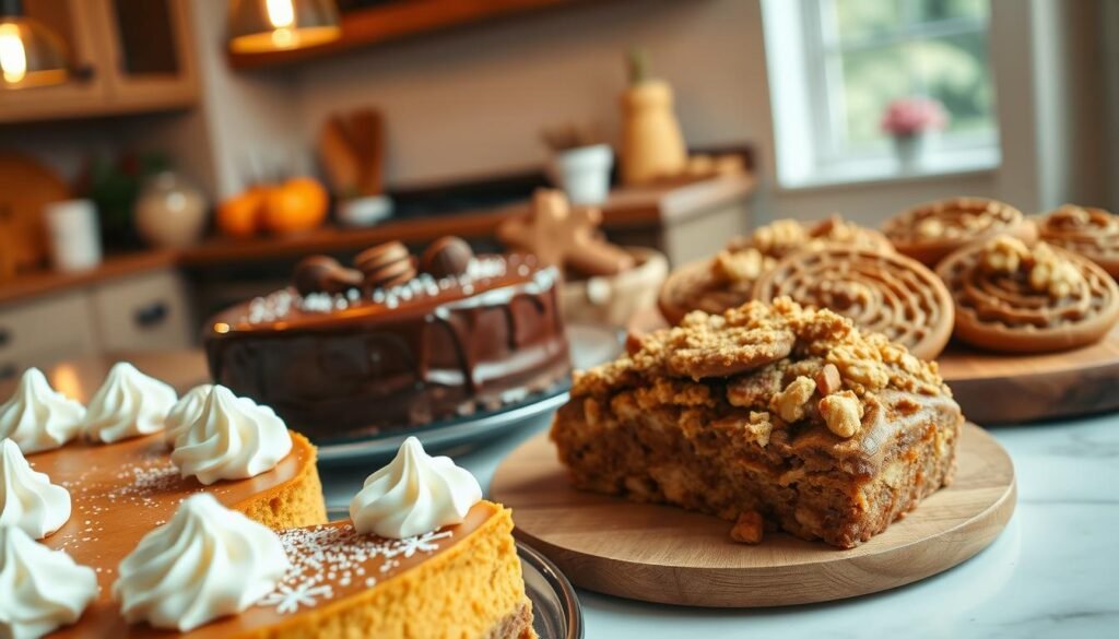 A warm, cozy kitchen setting featuring an array of enticing gluten-free Thanksgiving desserts. In the foreground, a delectable gluten-free pumpkin cheesecake with a golden crust and dollops of whipped cream. Beside it, a rich chocolate torte with a glossy ganache topping and dusted with cocoa powder. In the middle ground, a platter of delicate gluten-free gingerbread cookies, intricately decorated with edible glitter and festive sprinkles. In the background, a wooden serving tray holding slices of a moist, crumbly gluten-free apple crisp, topped with a crunchy streusel and a drizzle of caramel sauce. The scene is bathed in the soft, warm glow of pendant lights, creating an inviting and appetizing atmosphere.