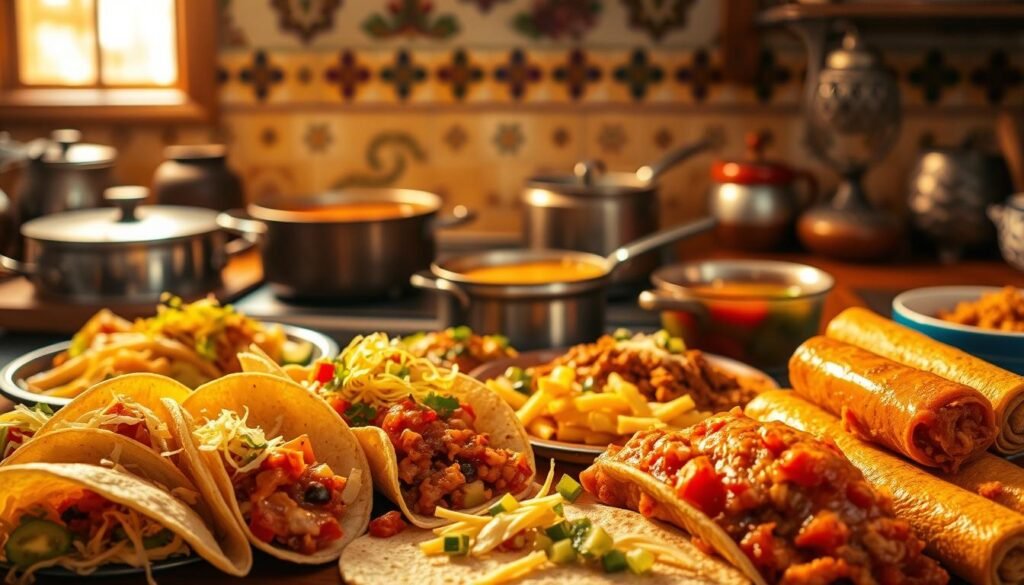 A warm, homely scene of beloved Mexican dishes, bathed in the golden glow of a cozy kitchen. In the foreground, a vibrant array of tacos, enchiladas, and tamales, their fillings spilling forth with mouthwatering textures and colors. The middle ground features simmering pots of sauces and stews, their aromas wafting through the air. In the background, a traditional Mexican tile backsplash and a few cherished family heirlooms, suggesting the rich heritage and traditions behind these classic recipes. Soft, diffused lighting casts a comforting ambiance, inviting the viewer to pull up a chair and savor the flavors of this flavor-packed culinary journey. A warm, homely scene of beloved Mexican dishes, bathed in the golden glow of a cozy kitchen. In the foreground, a vibrant array of tacos, enchiladas, and tamales, their fillings spilling forth with mouthwatering textures and colors. The middle ground features simmering pots of sauces and stews, their aromas wafting through the air. In the background, a traditional Mexican tile backsplash and a few cherished family heirlooms, suggesting the rich heritage and traditions behind these classic recipes. Soft, diffused lighting casts a comforting ambiance, inviting the viewer to pull up a chair and savor the flavors of this flavor-packed culinary journey.
