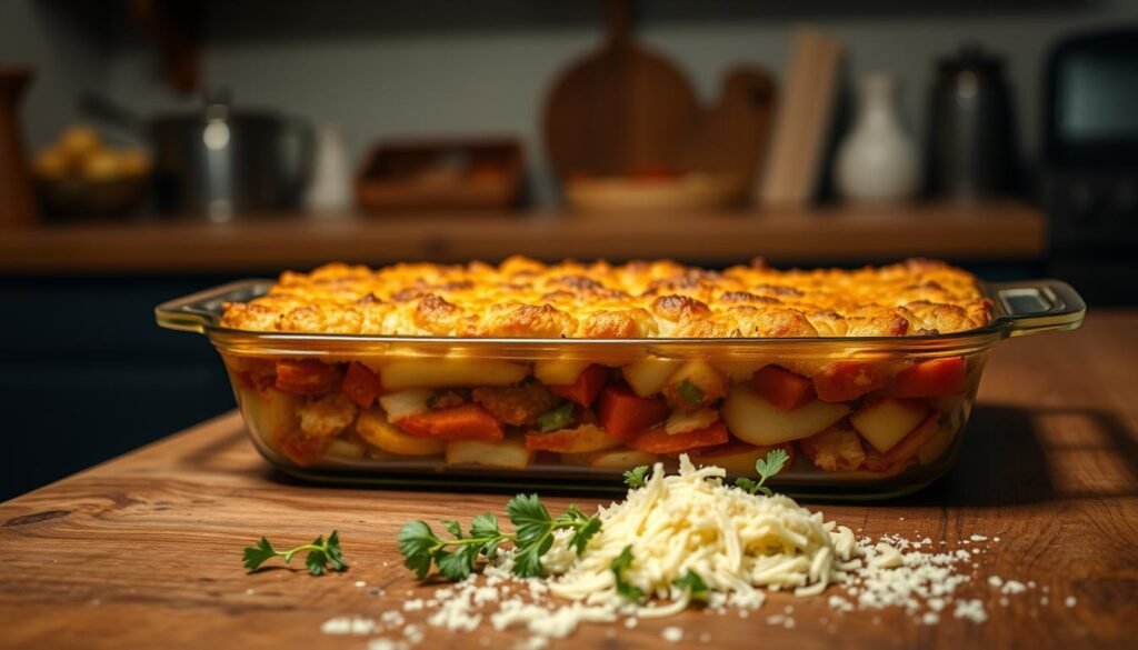 A warm, inviting casserole dish filled with layers of hearty ingredients, sitting on a rustic wooden table. The casserole's surface is adorned with a golden-brown crust, beckoning to be served. In the foreground, a few fresh herbs and a sprinkle of grated cheese add a final touch of homemade comfort. The middle ground features a variety of vegetables, perhaps carrots, onions, and peppers, all blended seamlessly. The background showcases a cozy, dimly lit kitchen, with soft, indirect lighting casting a gentle glow over the scene. This image evokes a sense of nourishing, homestyle cooking, perfect for a stress-free, comforting dinner.