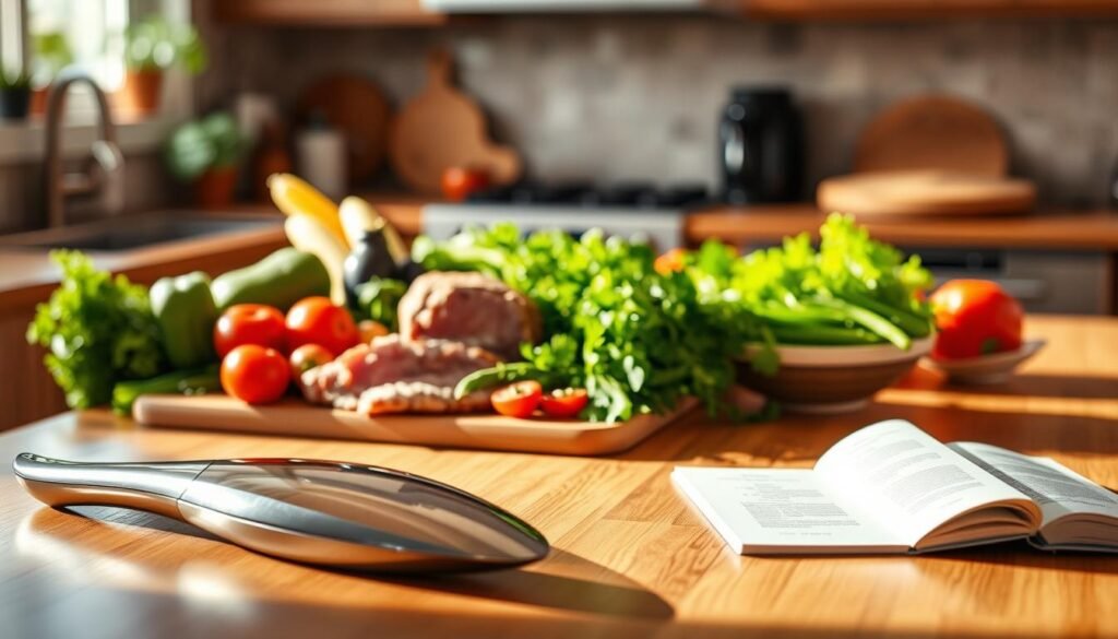 A warm, inviting kitchen countertop, bathed in soft, natural light. On the surface, an array of fresh ingredients – crisp vegetables, succulent meats, and fragrant herbs – arranged in an effortless, yet artful composition. In the foreground, a sleek, modern cooking utensil, a symbol of efficiency and speed. The middle ground features a collection of simple, easy-to-follow recipe cards, their pages turned, hinting at the delicious possibilities waiting to be explored. The background fades into a cozy, homey atmosphere, conveying a sense of comfort and approachability. This image captures the essence of "Recipes Under 30 Minutes" – a harmonious blend of culinary simplicity, time-saving practicality, and the joy of home-cooked meals.