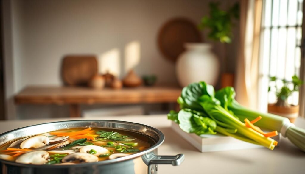 A warm, inviting kitchen scene bathed in soft, natural lighting. In the foreground, a simmering pot of vegetarian Asian soup, filled with vibrant, fresh ingredients - glistening mushrooms, tender leafy greens, and fragrant herbs. The middle ground showcases a wooden cutting board with sliced carrots, bok choy, and scallions, ready to be added to the broth. In the background, a minimalist, zen-inspired interior with clean lines and earthy tones, creating a calming, wellness-focused atmosphere. The overall mood is one of nourishment, balance, and a journey through the flavors of Asia.